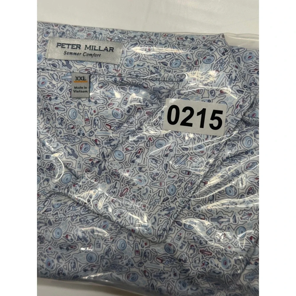 Peter Millar Summer Comfort‎ Polo Shirt Mens XXL Blue AOP Southern Hills